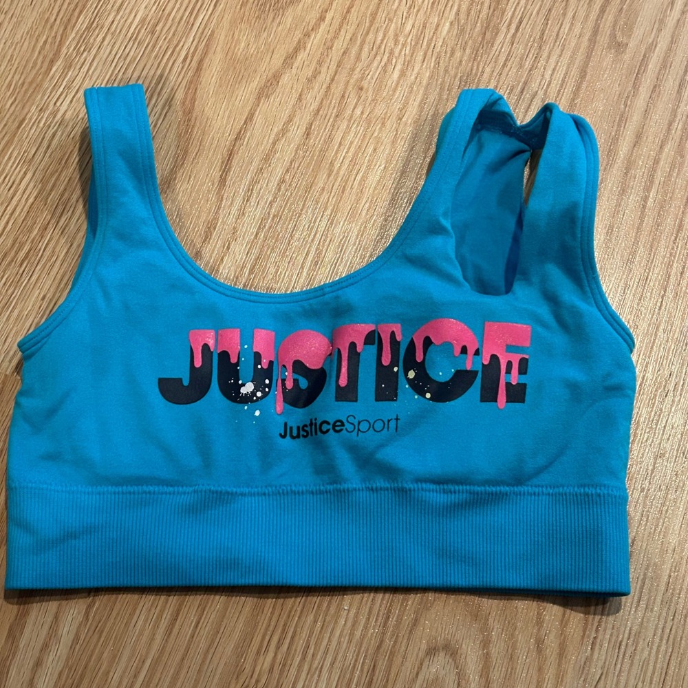 Justice Sport Girls Oh So Soft Sports Bra Turquoise Blue Pink Drip Graphic 30